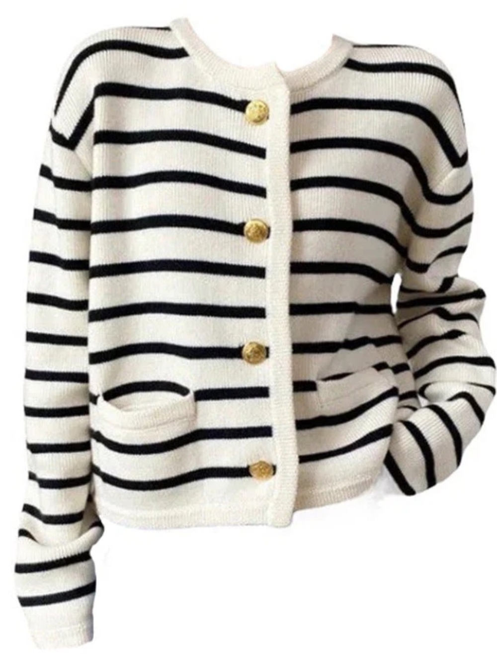 Nautical Striped Cardigan Sweater Lady Jacket Medium Black White Coastal Preppy